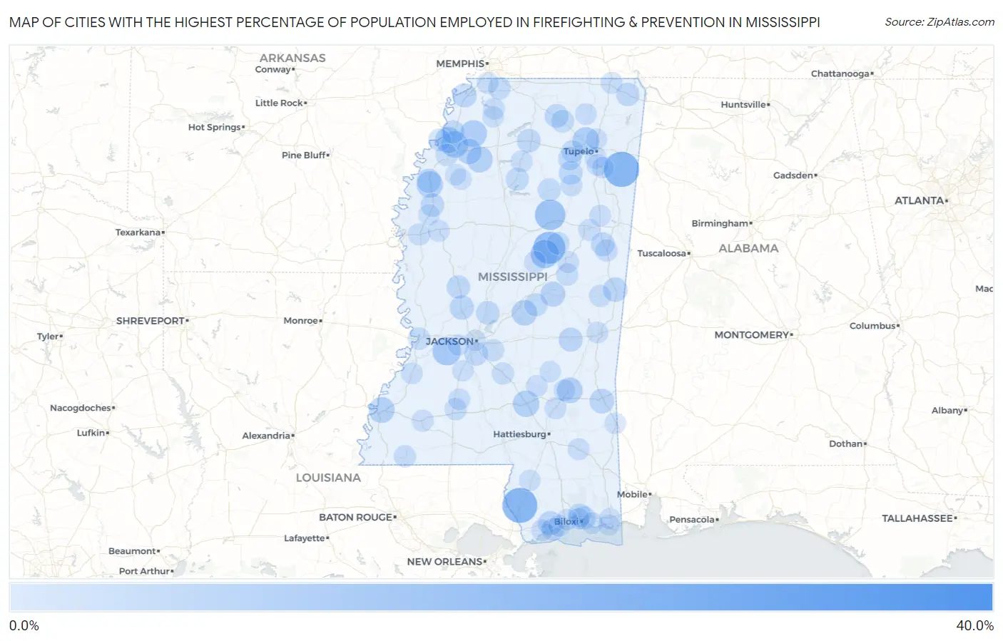 Cities with the Highest Percentage of Population Employed in Firefighting & Prevention in Mississippi Map