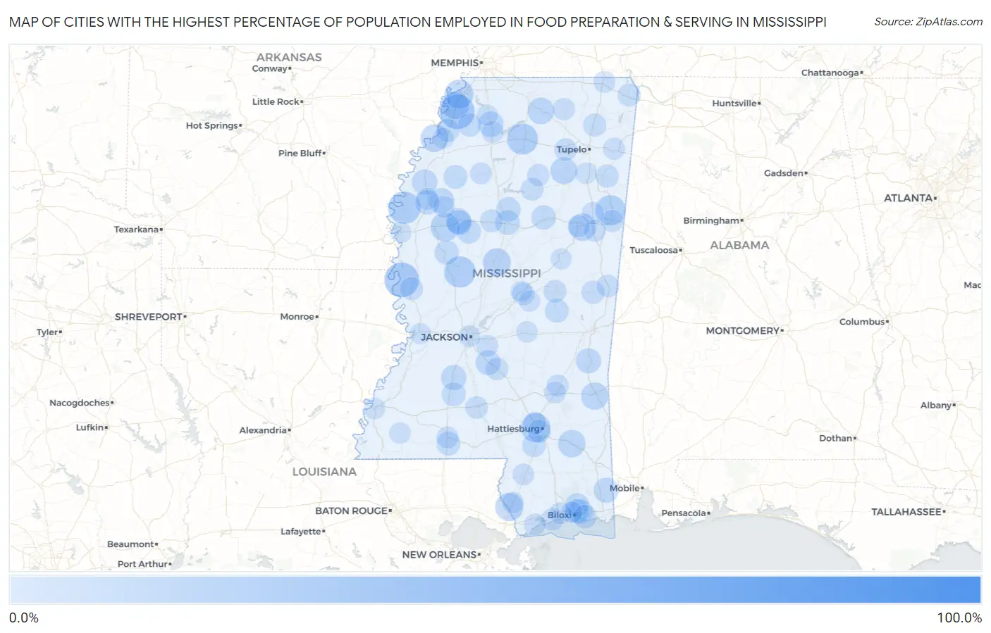 Cities with the Highest Percentage of Population Employed in Food Preparation & Serving in Mississippi Map
