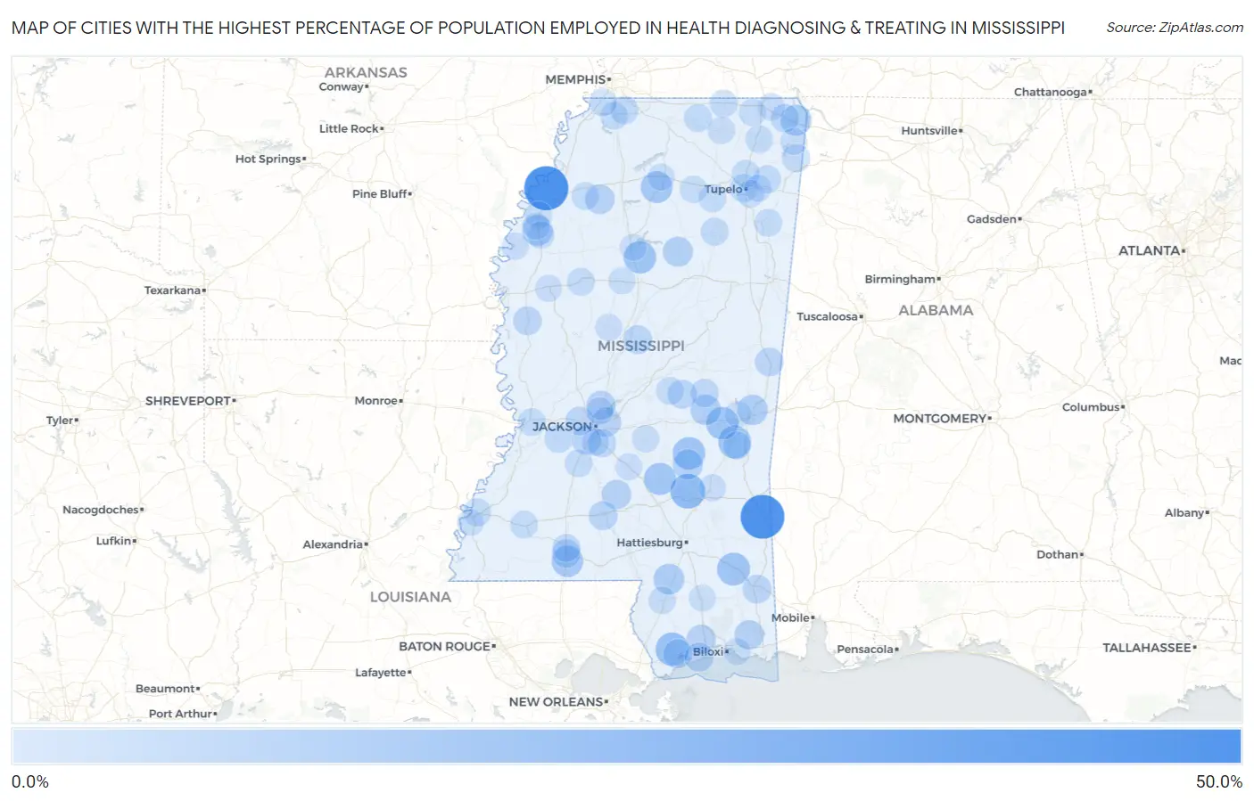Cities with the Highest Percentage of Population Employed in Health Diagnosing & Treating in Mississippi Map