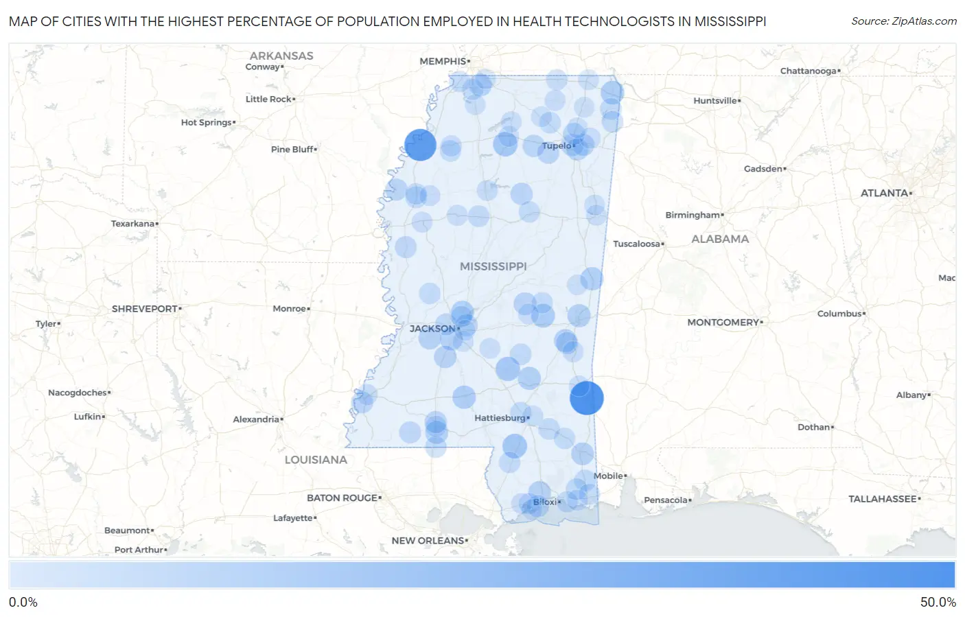 Cities with the Highest Percentage of Population Employed in Health Technologists in Mississippi Map