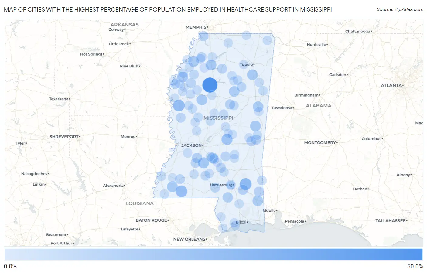 Cities with the Highest Percentage of Population Employed in Healthcare Support in Mississippi Map