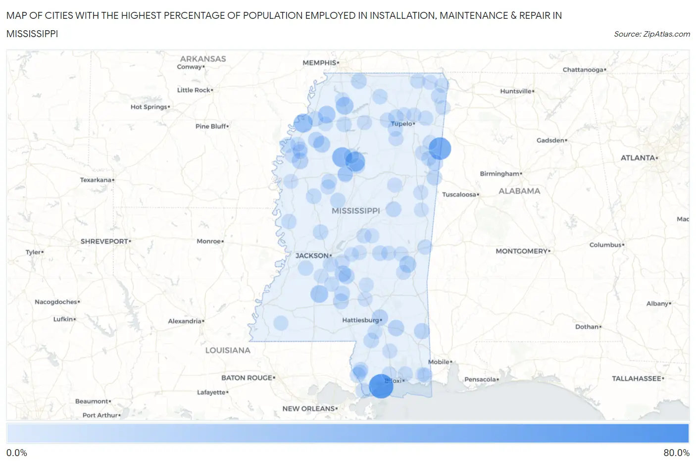 Cities with the Highest Percentage of Population Employed in Installation, Maintenance & Repair in Mississippi Map