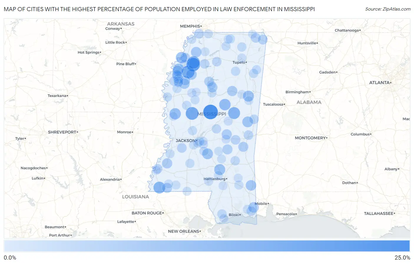 Cities with the Highest Percentage of Population Employed in Law Enforcement in Mississippi Map