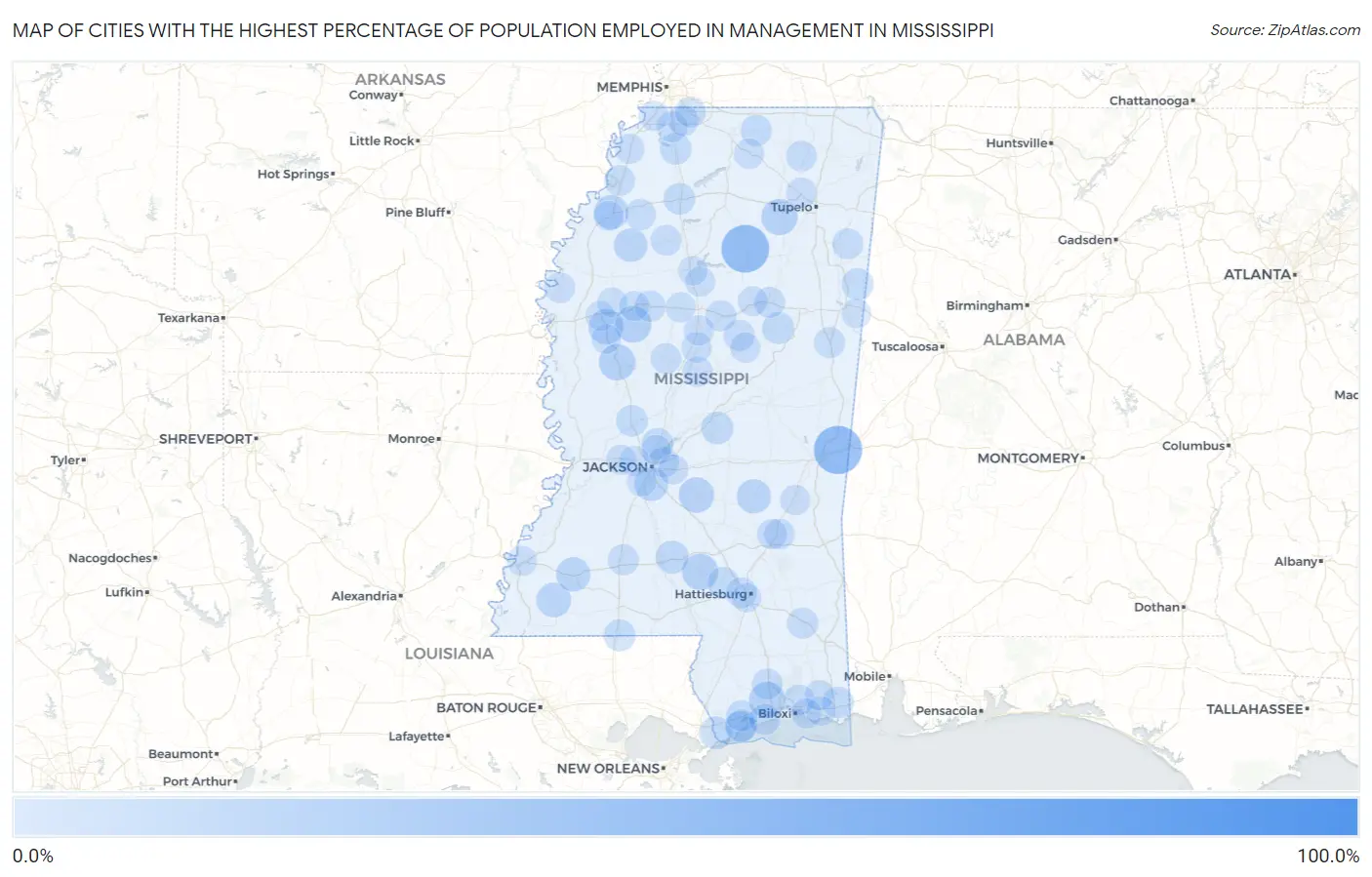 Cities with the Highest Percentage of Population Employed in Management in Mississippi Map