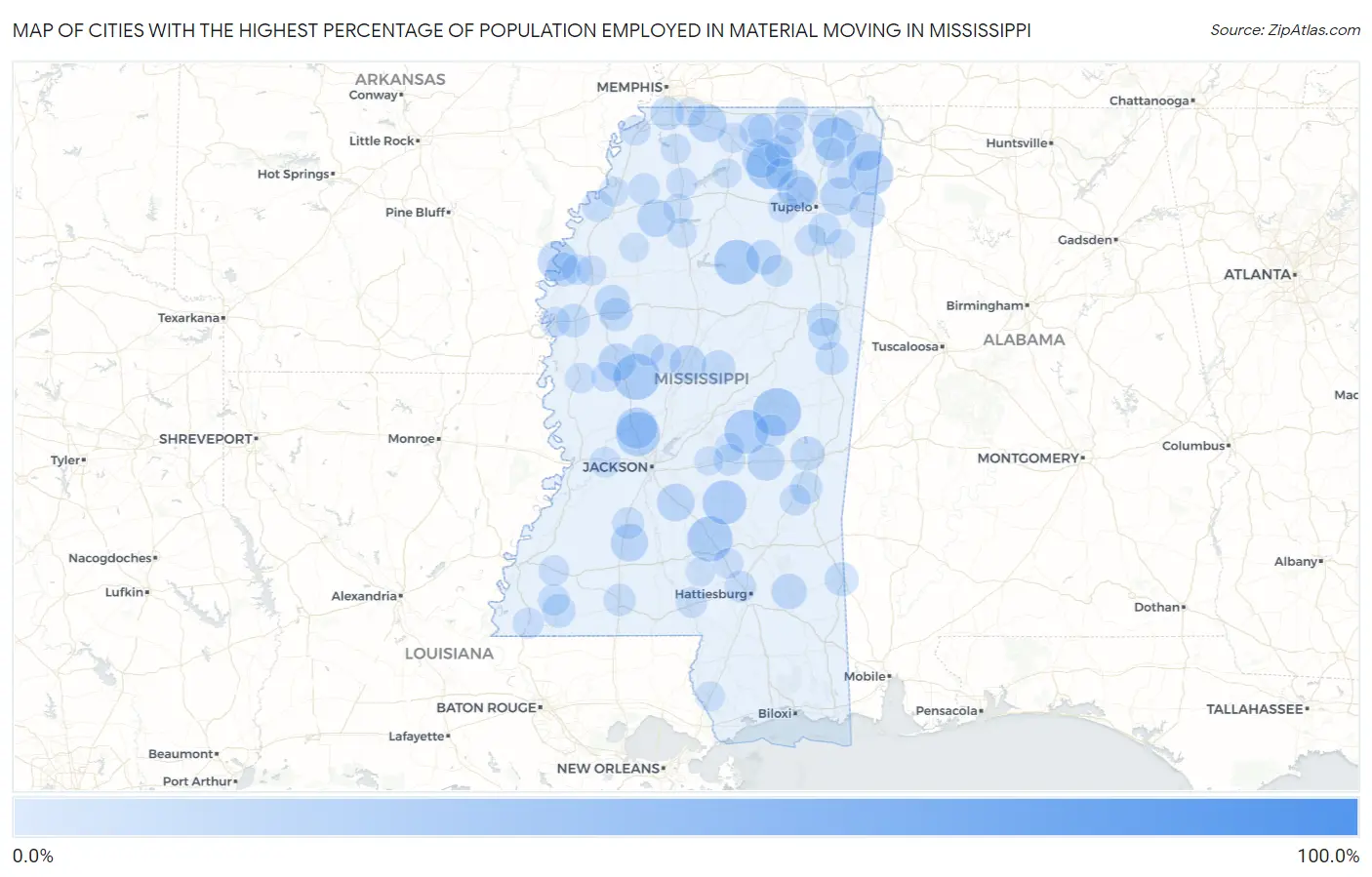 Cities with the Highest Percentage of Population Employed in Material Moving in Mississippi Map