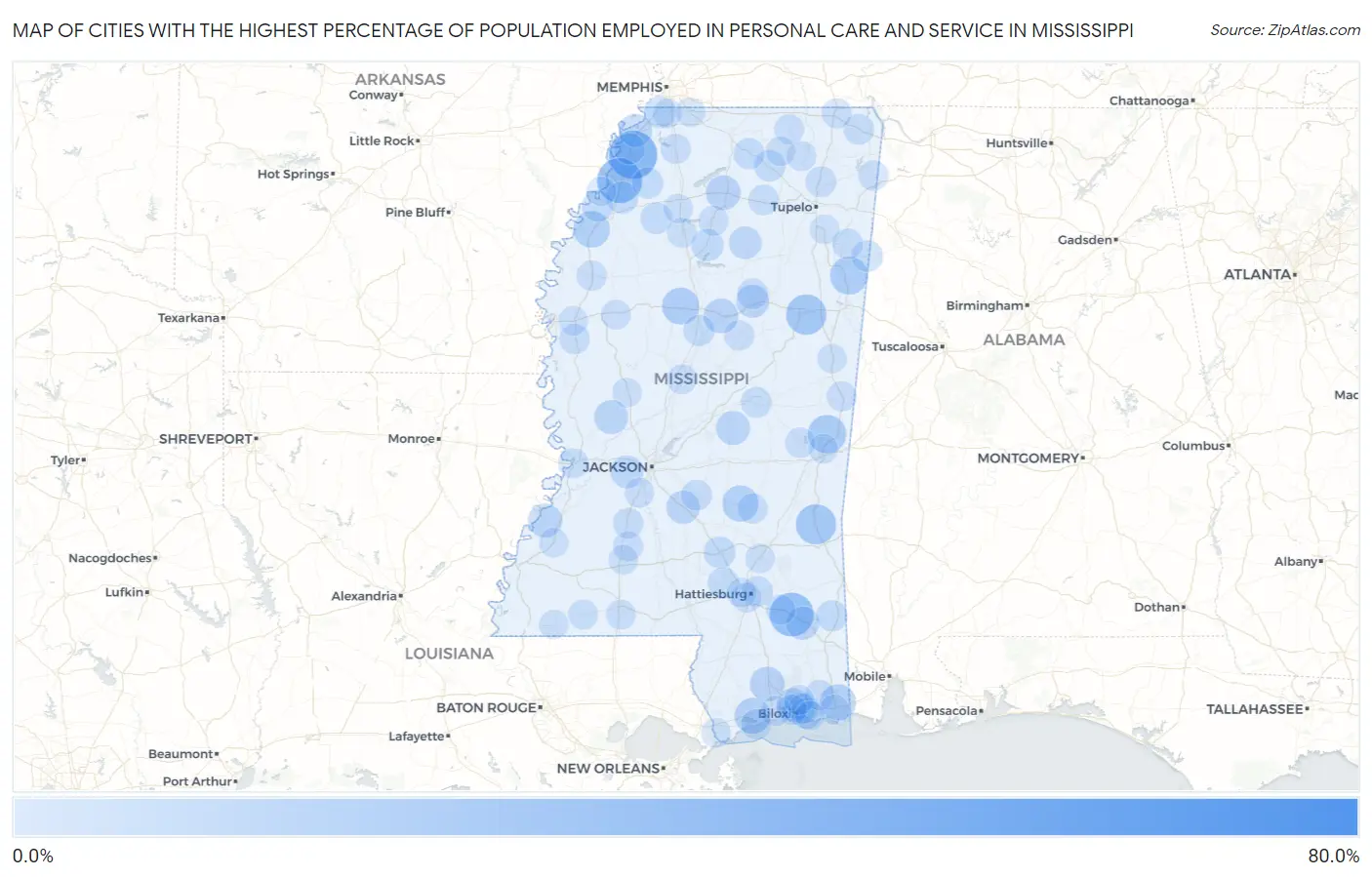 Cities with the Highest Percentage of Population Employed in Personal Care and Service in Mississippi Map