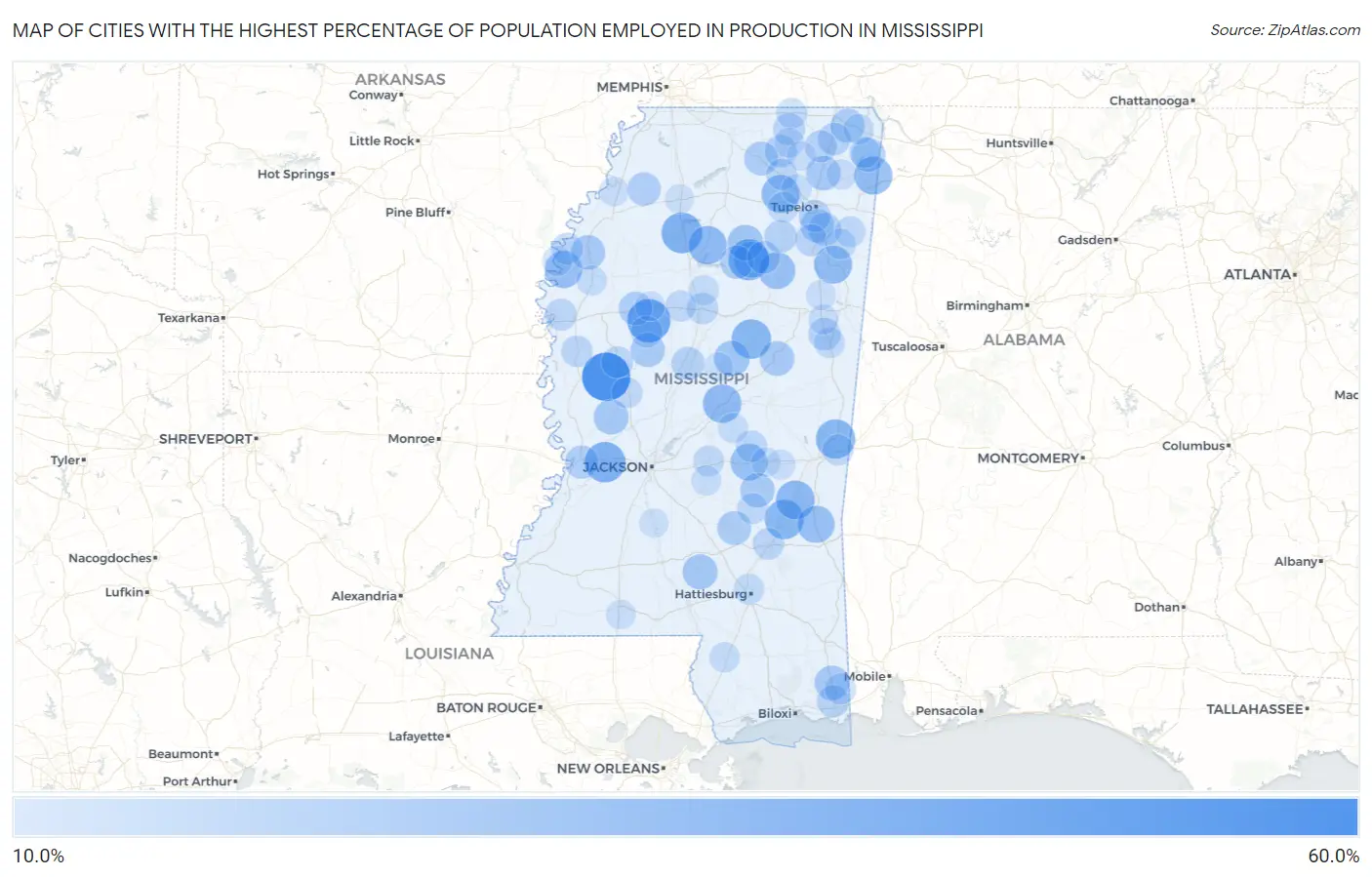 Cities with the Highest Percentage of Population Employed in Production in Mississippi Map