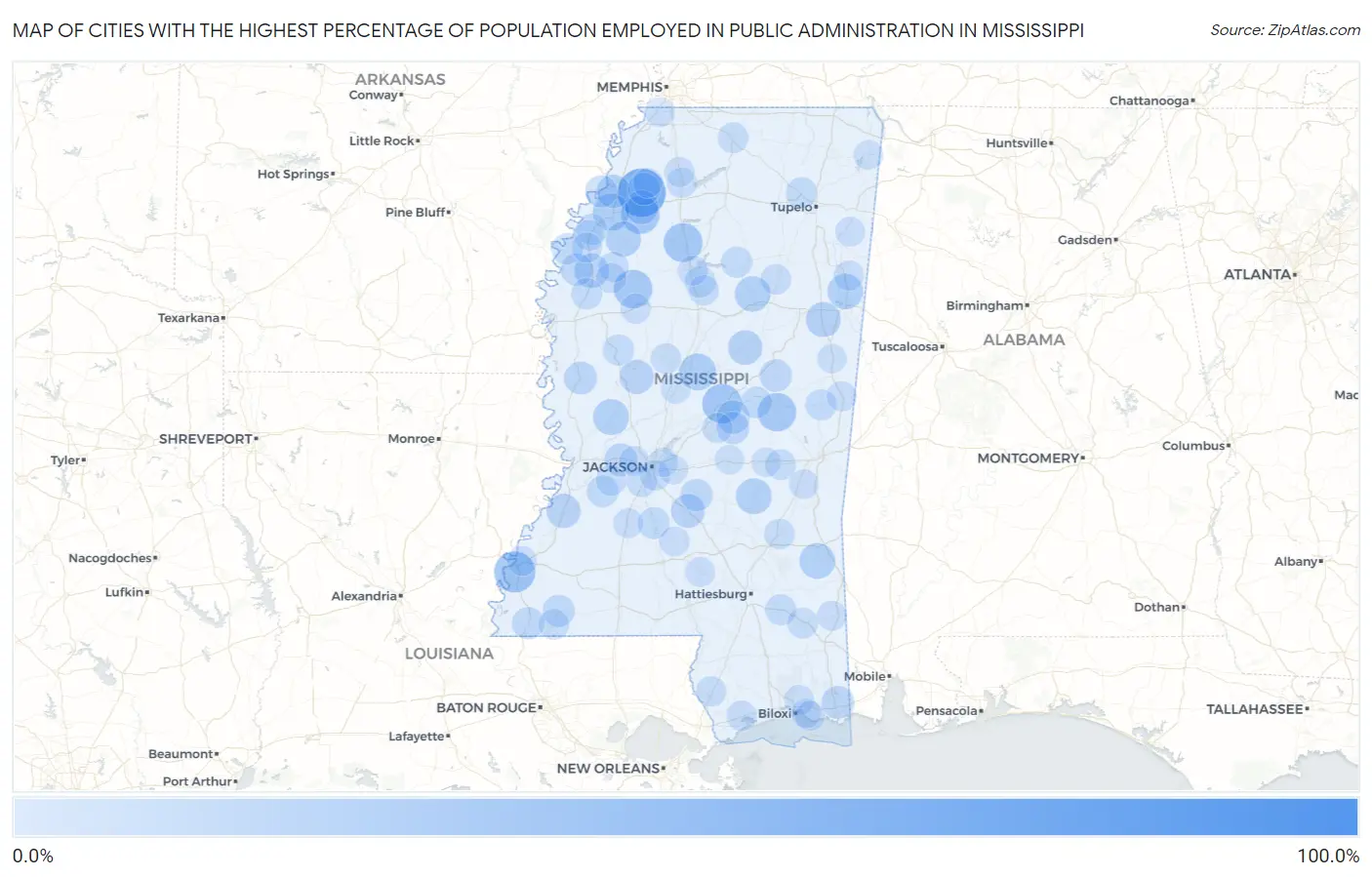 Cities with the Highest Percentage of Population Employed in Public Administration in Mississippi Map