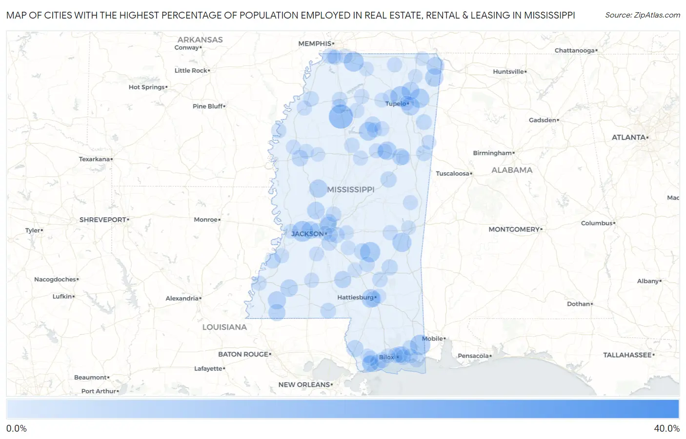 Cities with the Highest Percentage of Population Employed in Real Estate, Rental & Leasing in Mississippi Map