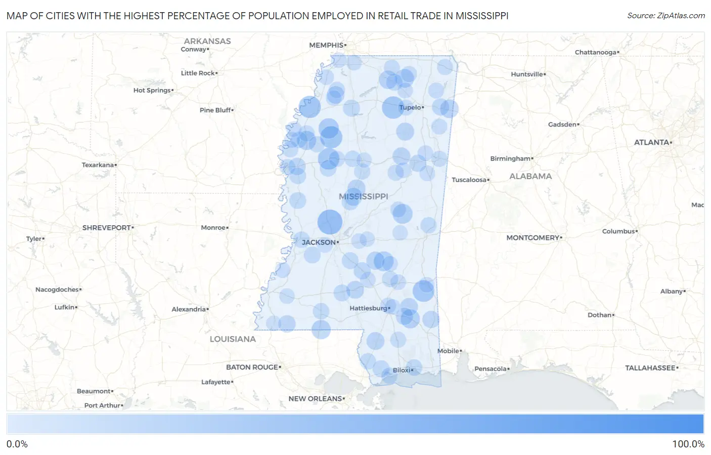 Cities with the Highest Percentage of Population Employed in Retail Trade in Mississippi Map