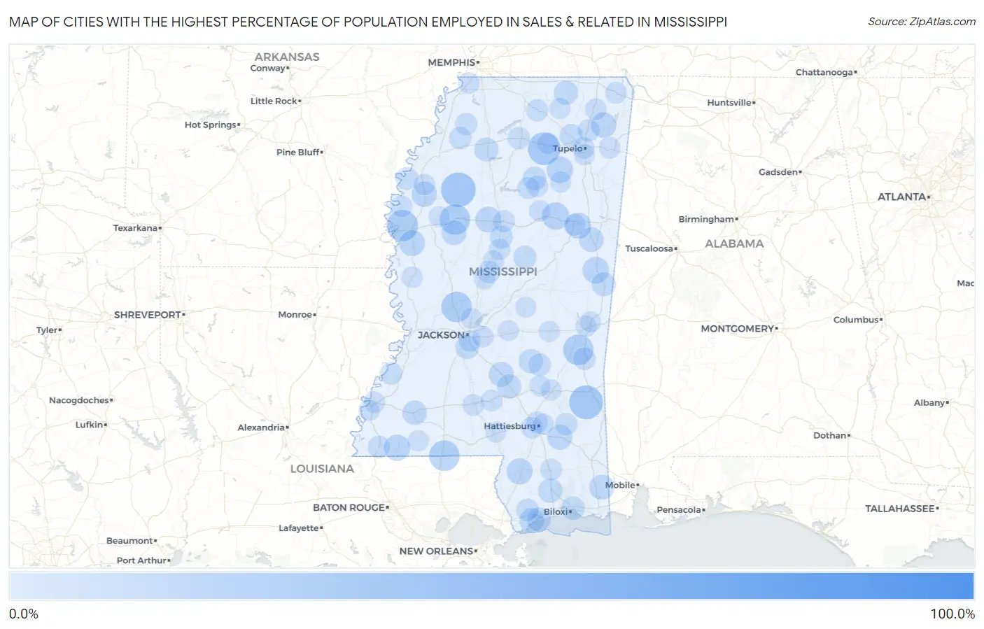 Cities with the Highest Percentage of Population Employed in Sales & Related in Mississippi Map