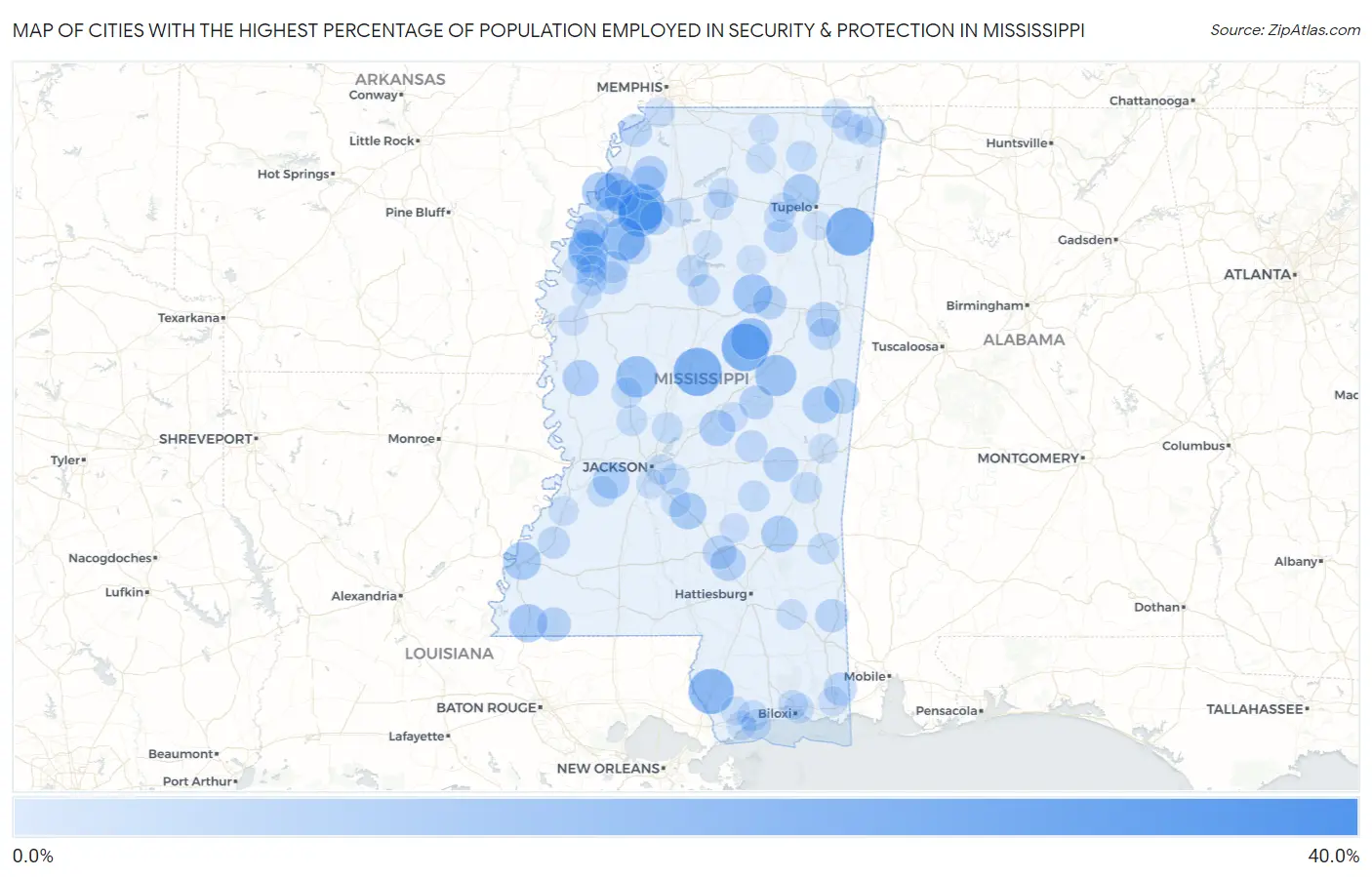 Cities with the Highest Percentage of Population Employed in Security & Protection in Mississippi Map