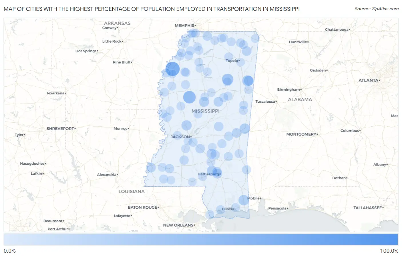 Cities with the Highest Percentage of Population Employed in Transportation in Mississippi Map