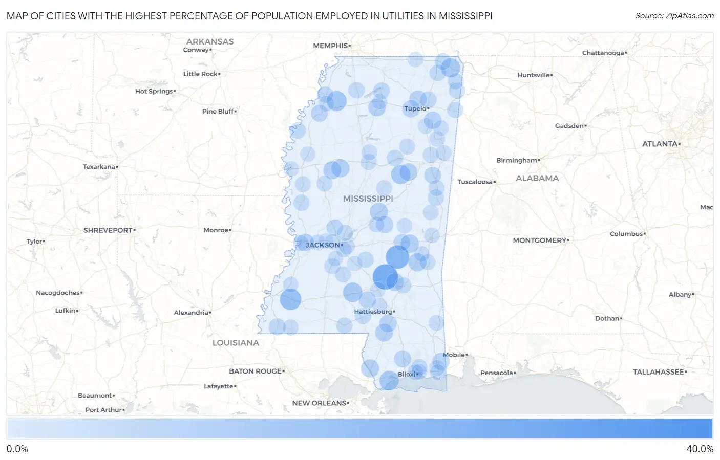 Cities with the Highest Percentage of Population Employed in Utilities in Mississippi Map