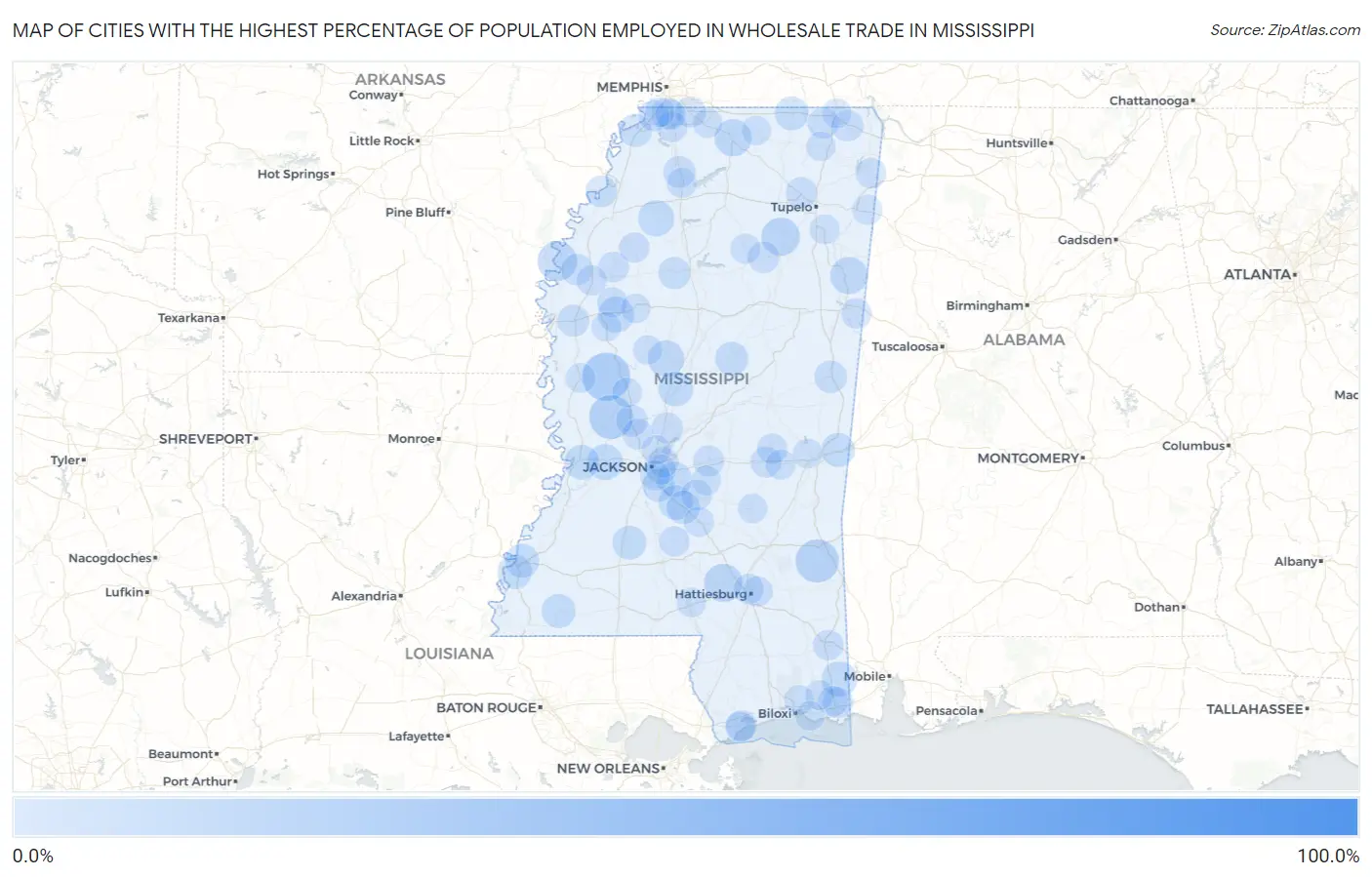 Cities with the Highest Percentage of Population Employed in Wholesale Trade in Mississippi Map