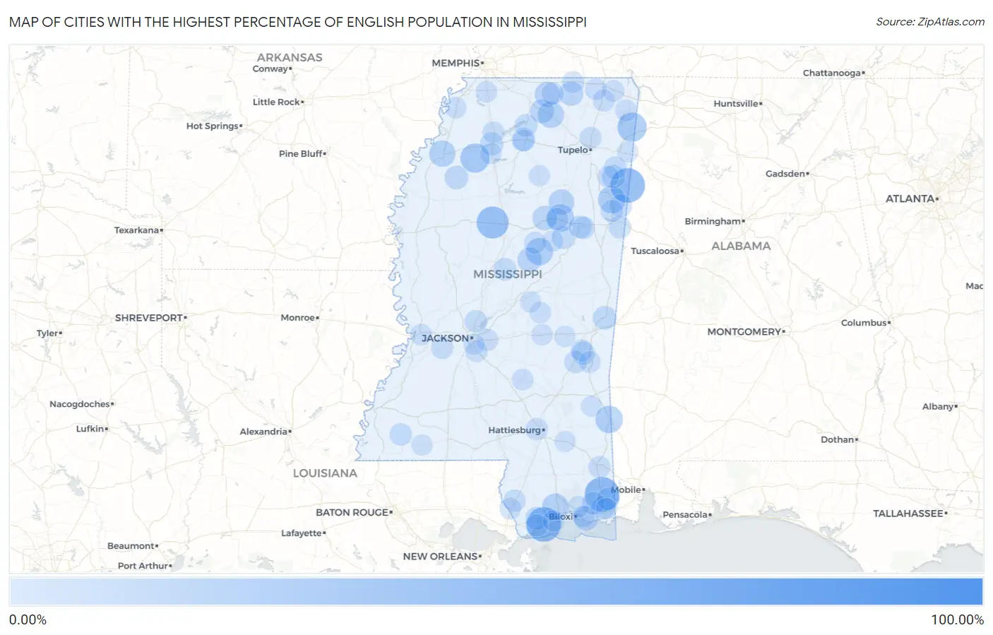 Cities with the Highest Percentage of English Population in Mississippi Map