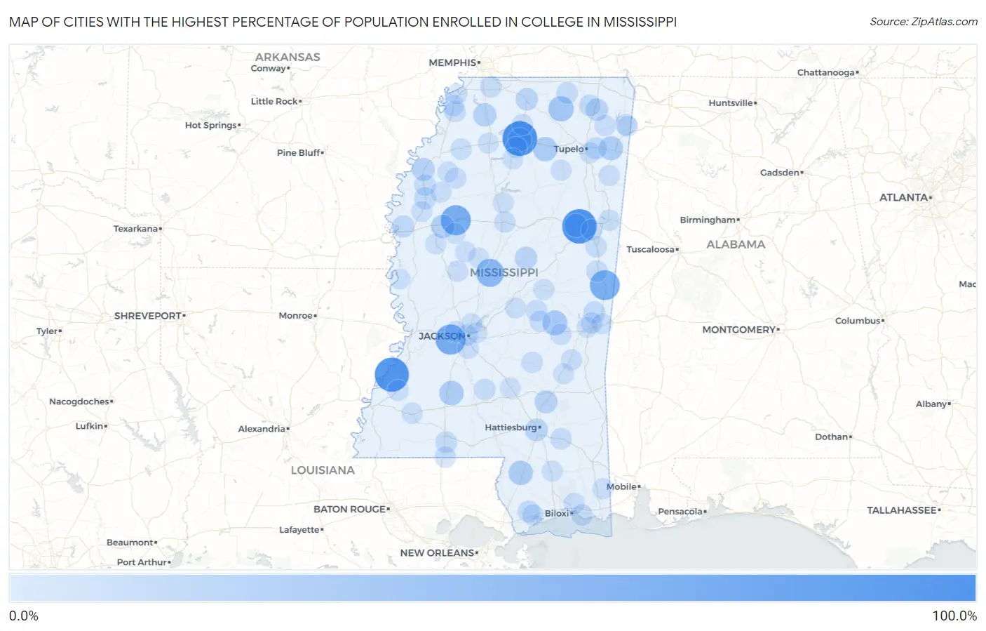 Cities with the Highest Percentage of Population Enrolled in College in Mississippi Map