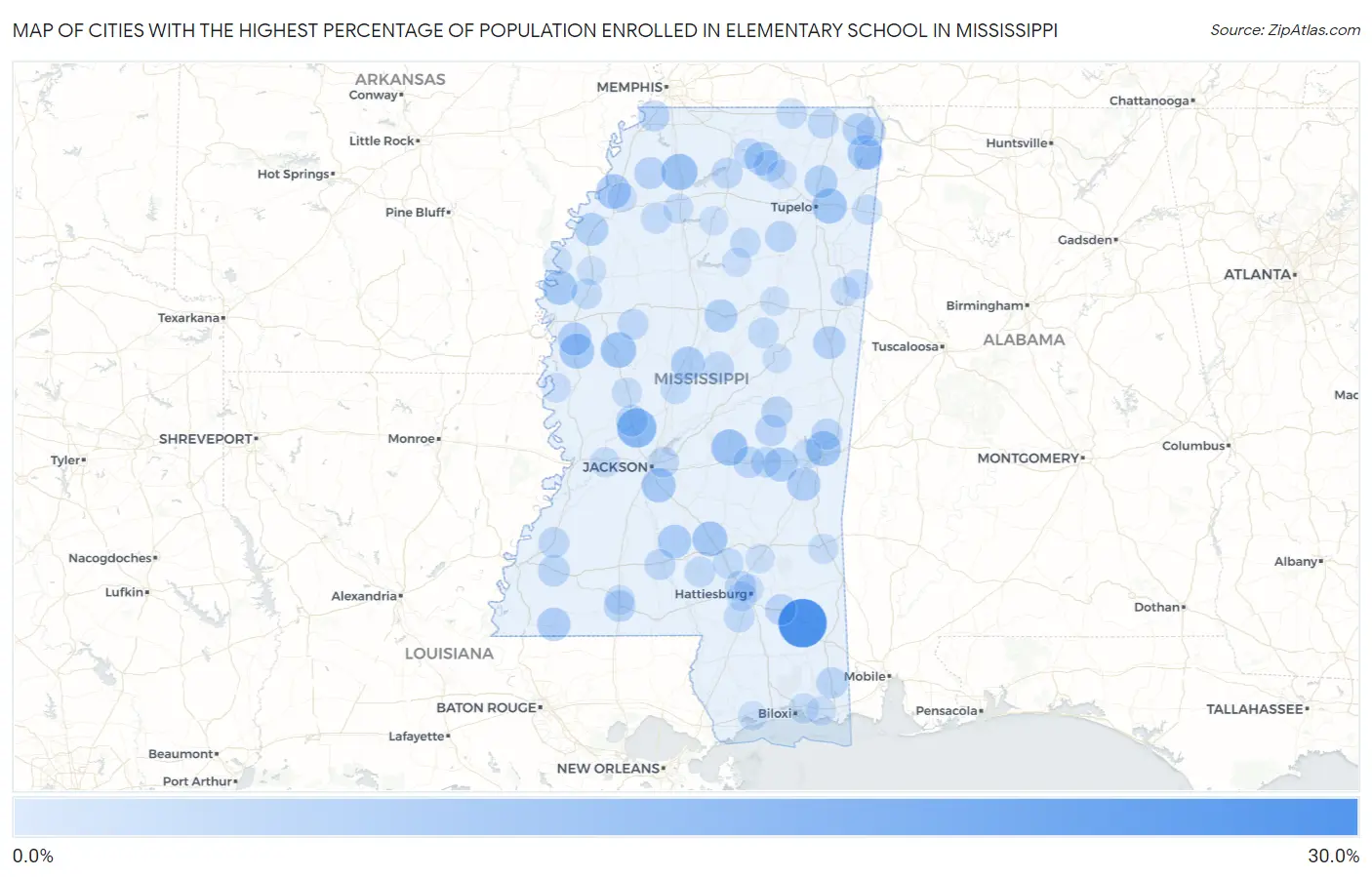Cities with the Highest Percentage of Population Enrolled in Elementary School in Mississippi Map
