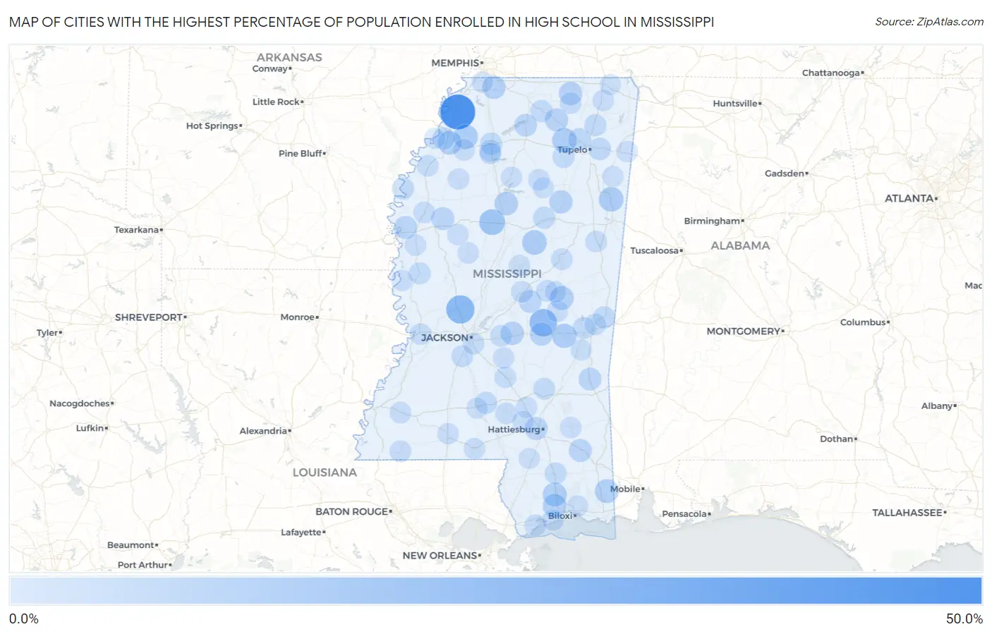 Cities with the Highest Percentage of Population Enrolled in High School in Mississippi Map