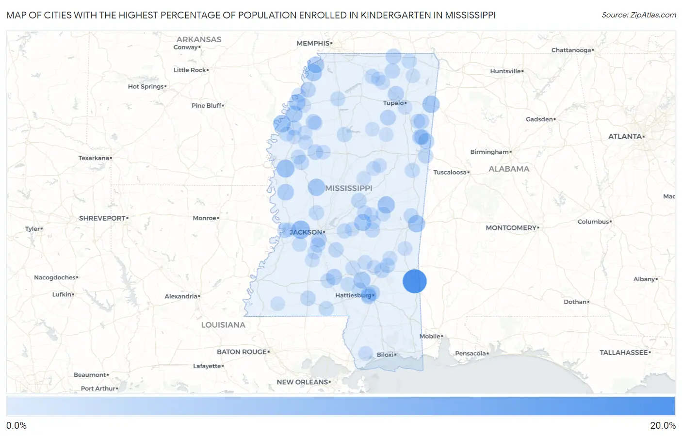 Cities with the Highest Percentage of Population Enrolled in Kindergarten in Mississippi Map