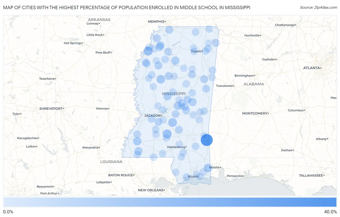 Cities with the Highest Percentage of Population Enrolled in Middle School in Mississippi Map