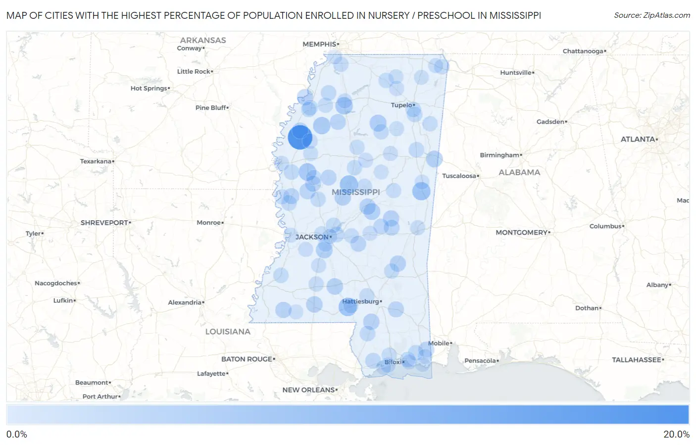 Cities with the Highest Percentage of Population Enrolled in Nursery / Preschool in Mississippi Map