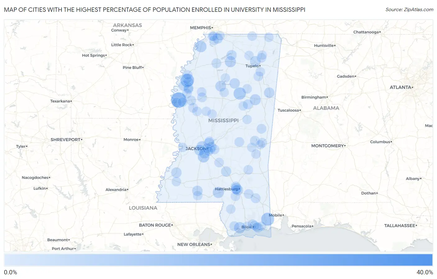 Cities with the Highest Percentage of Population Enrolled in University in Mississippi Map