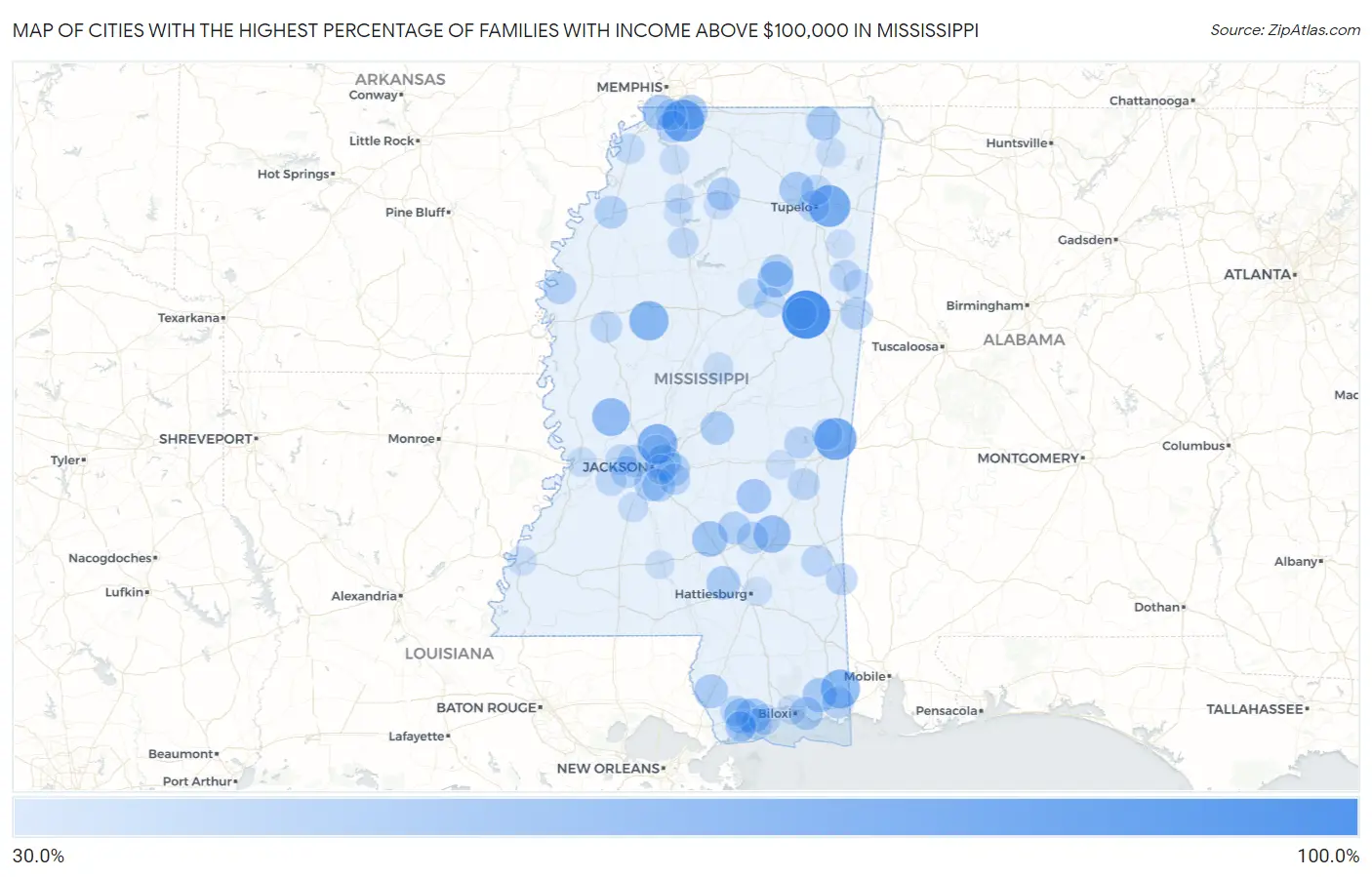 Cities with the Highest Percentage of Families with Income Above $100,000 in Mississippi Map