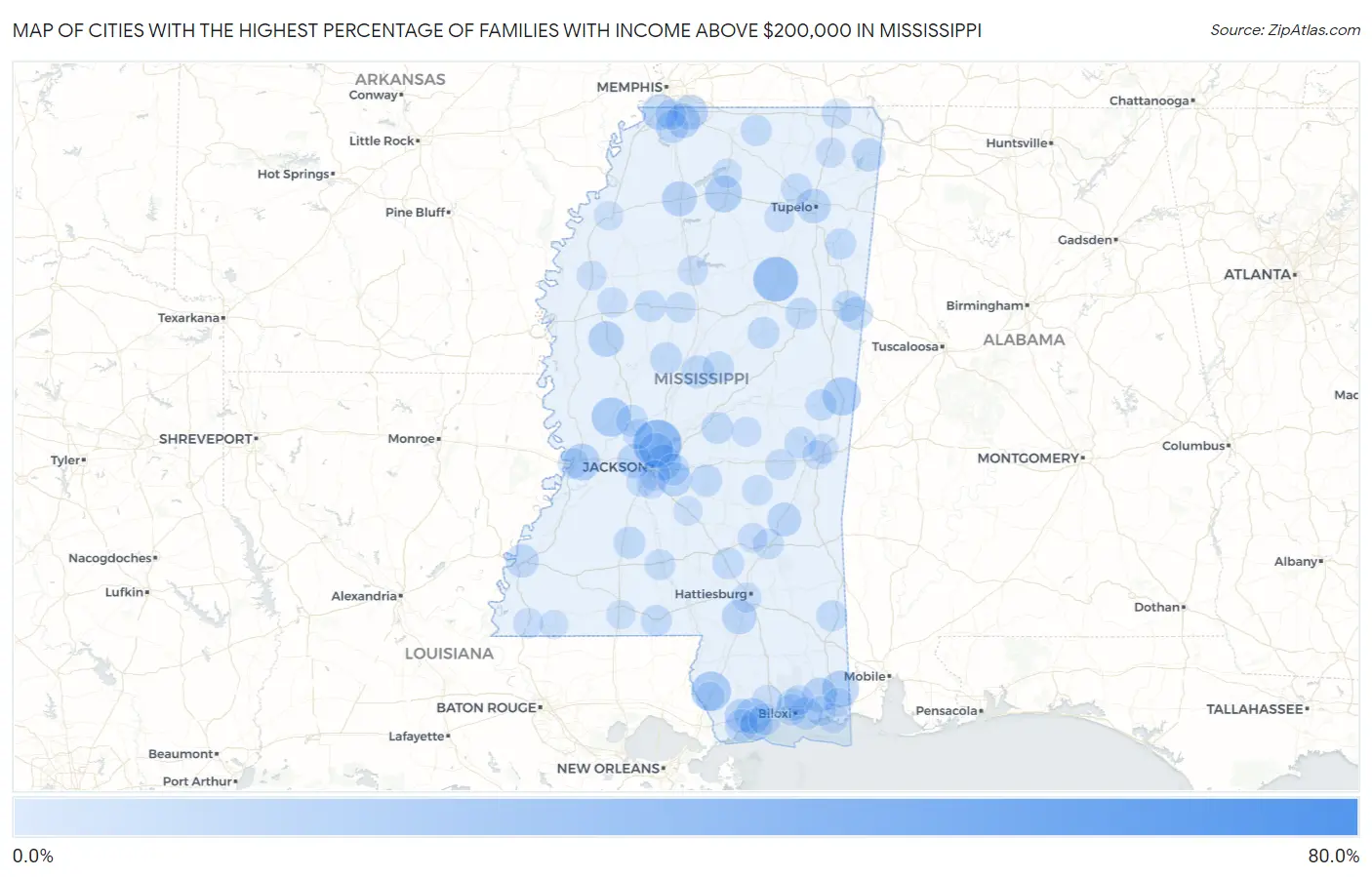 Cities with the Highest Percentage of Families with Income Above $200,000 in Mississippi Map