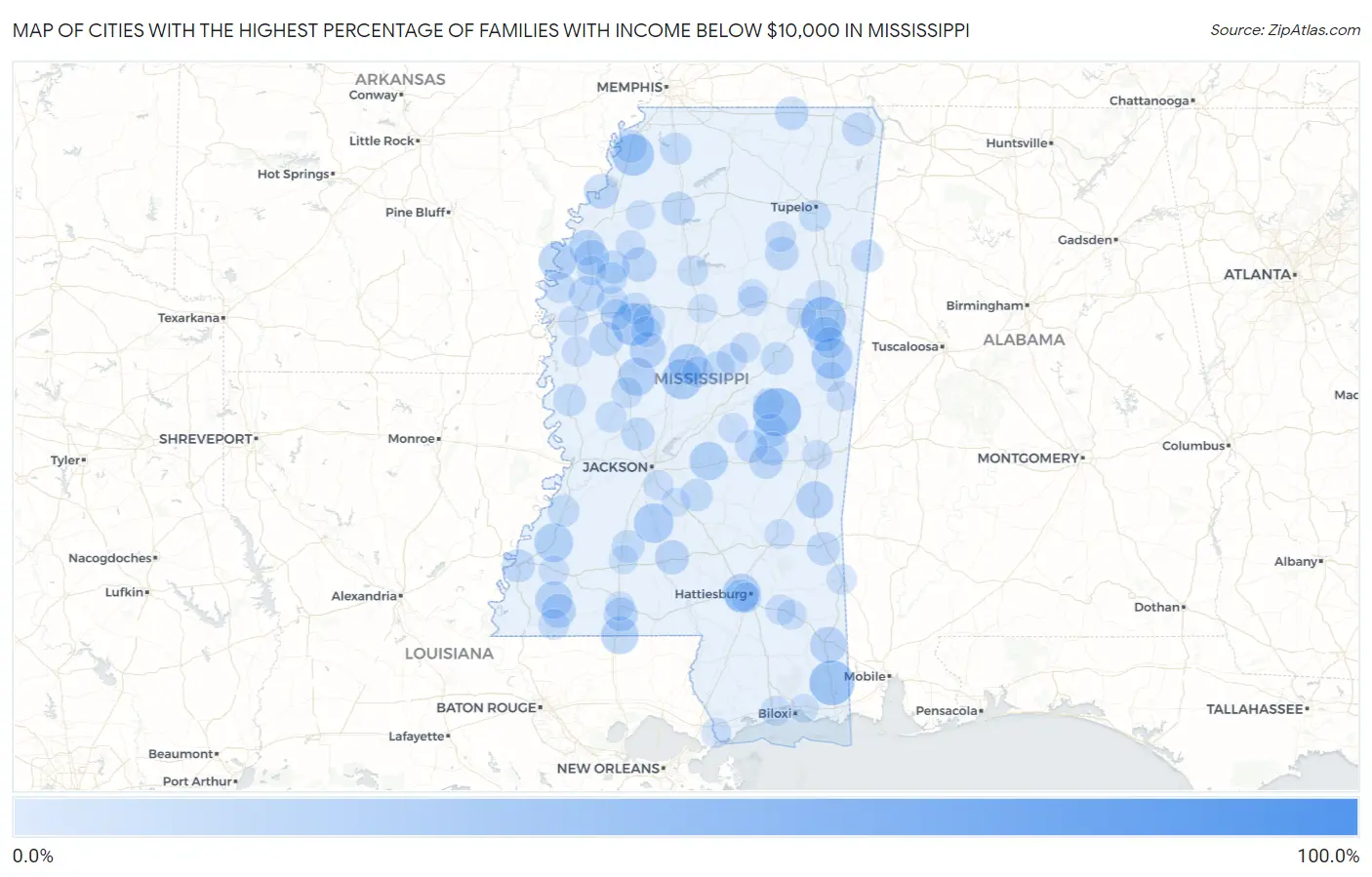 Cities with the Highest Percentage of Families with Income Below $10,000 in Mississippi Map