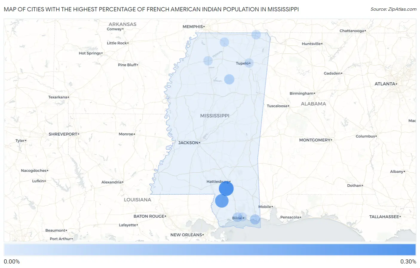 Cities with the Highest Percentage of French American Indian Population in Mississippi Map