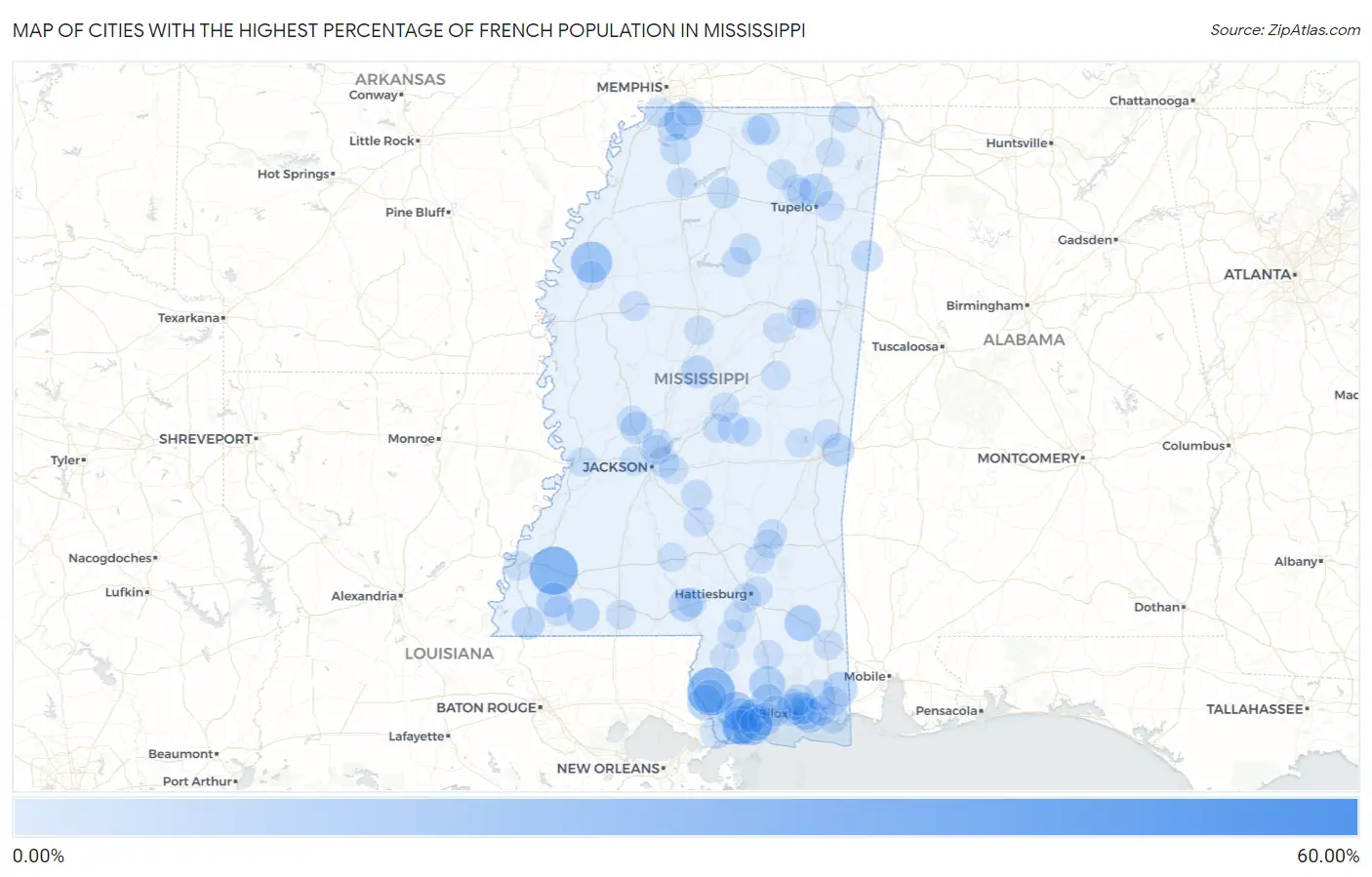 Cities with the Highest Percentage of French Population in Mississippi Map