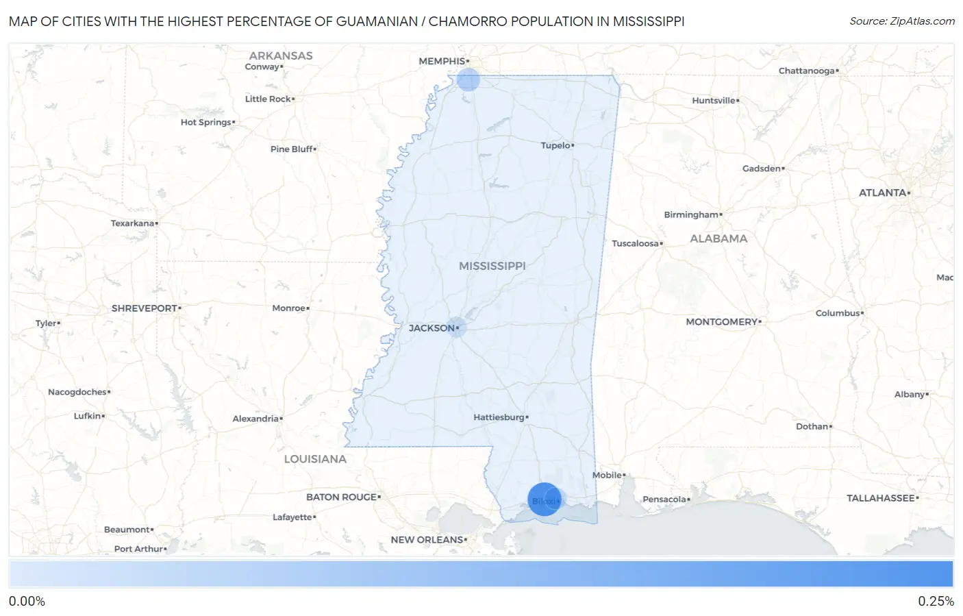 Cities with the Highest Percentage of Guamanian / Chamorro Population in Mississippi Map