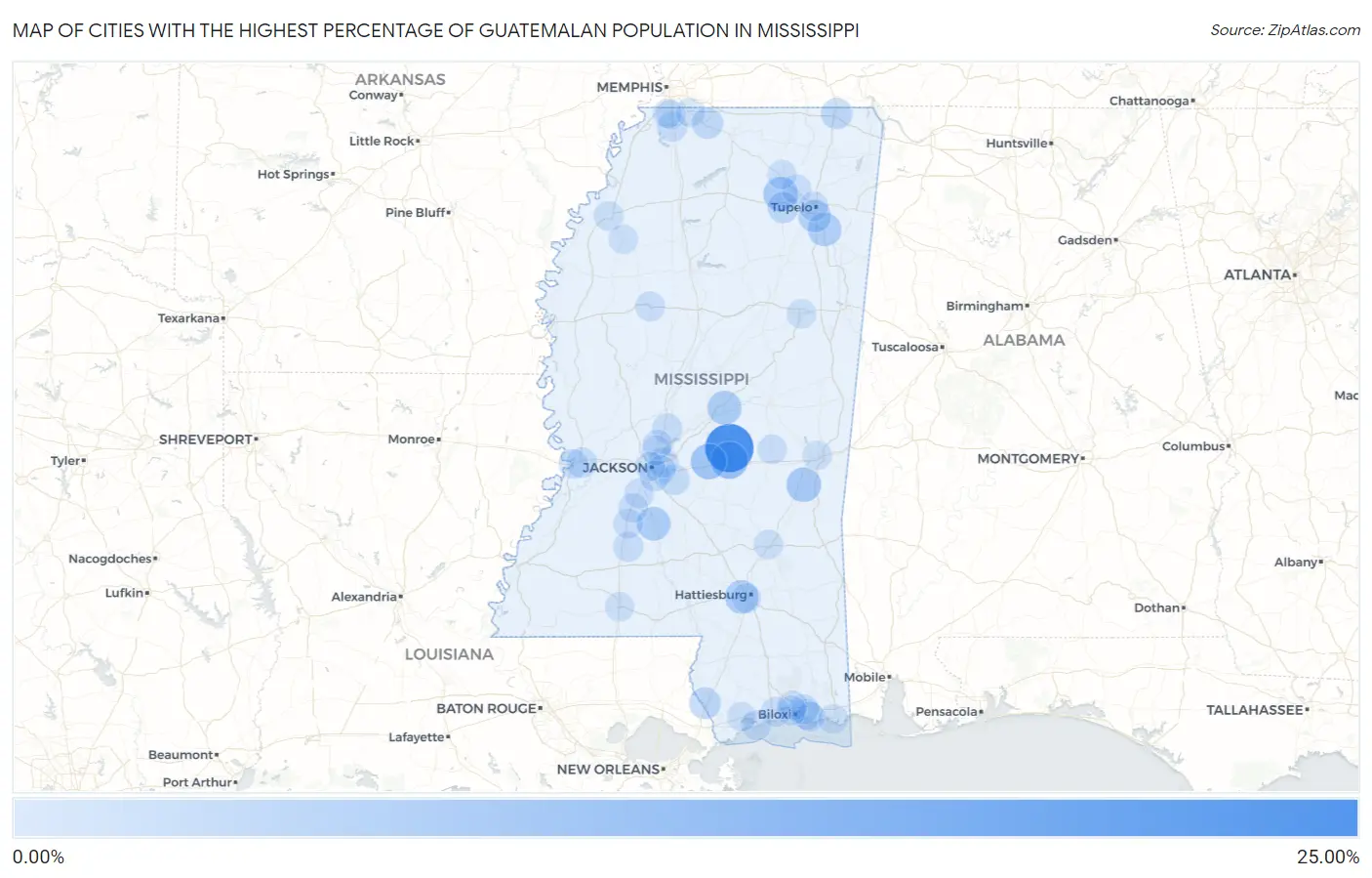 Cities with the Highest Percentage of Guatemalan Population in Mississippi Map