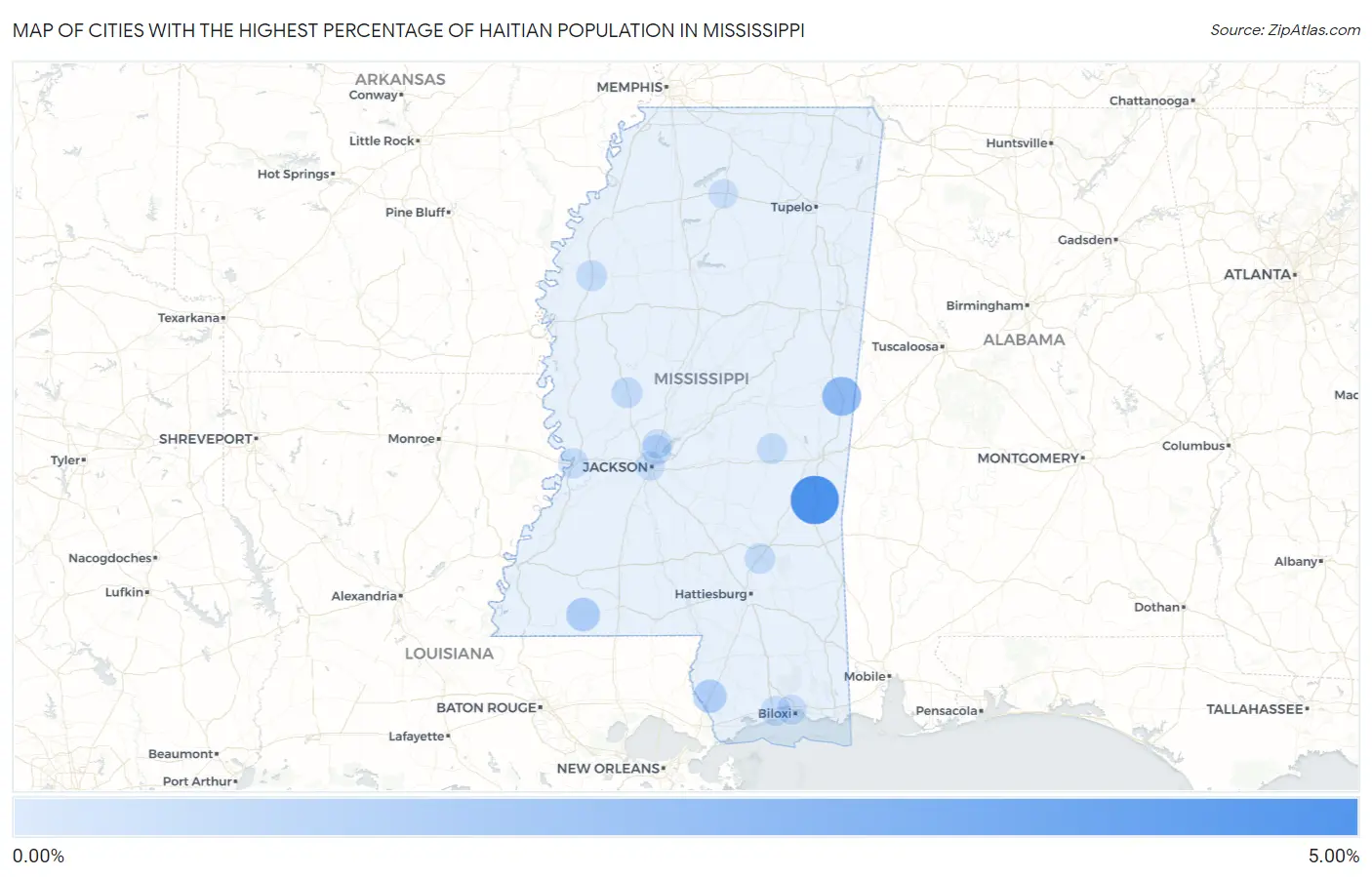 Cities with the Highest Percentage of Haitian Population in Mississippi Map