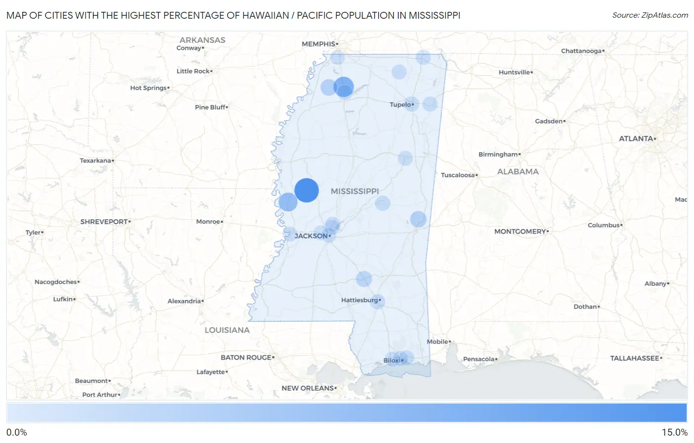 Cities with the Highest Percentage of Hawaiian / Pacific Population in Mississippi Map