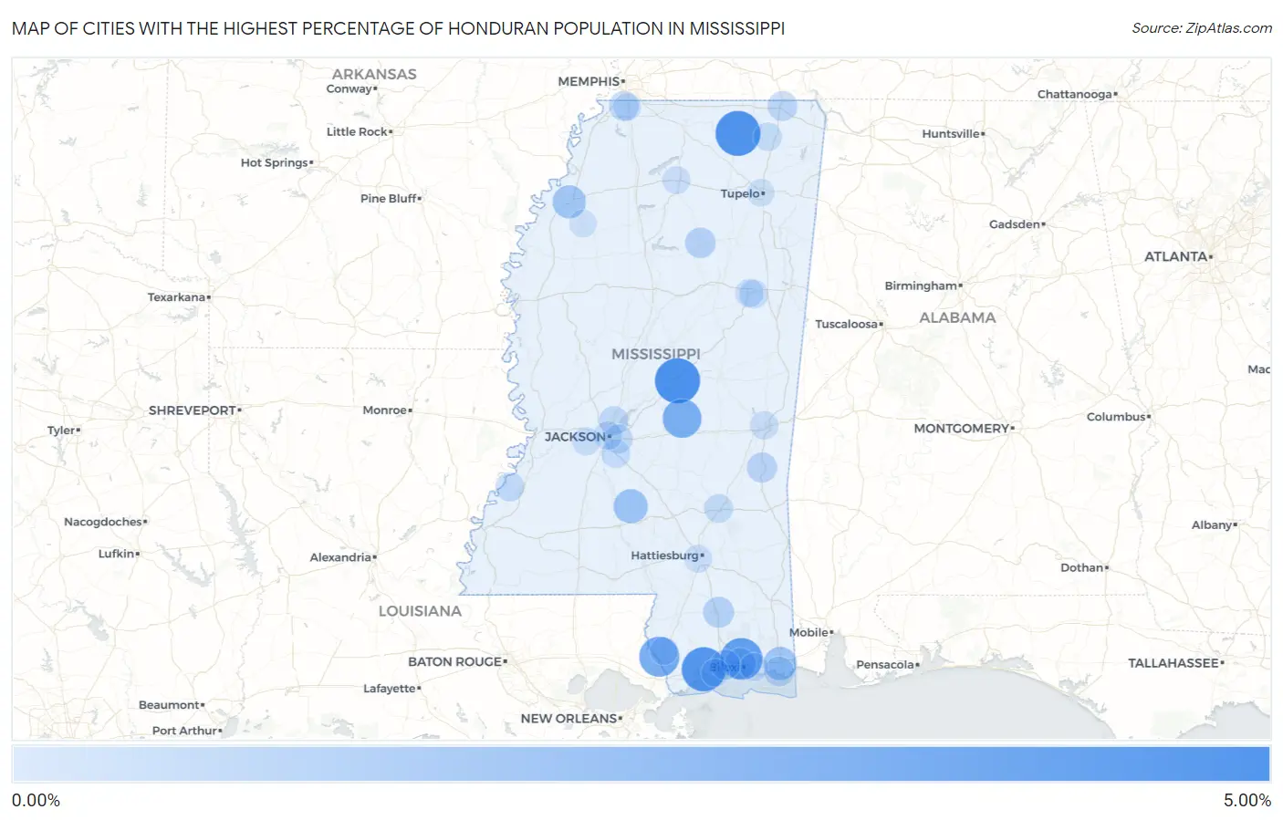 Cities with the Highest Percentage of Honduran Population in Mississippi Map