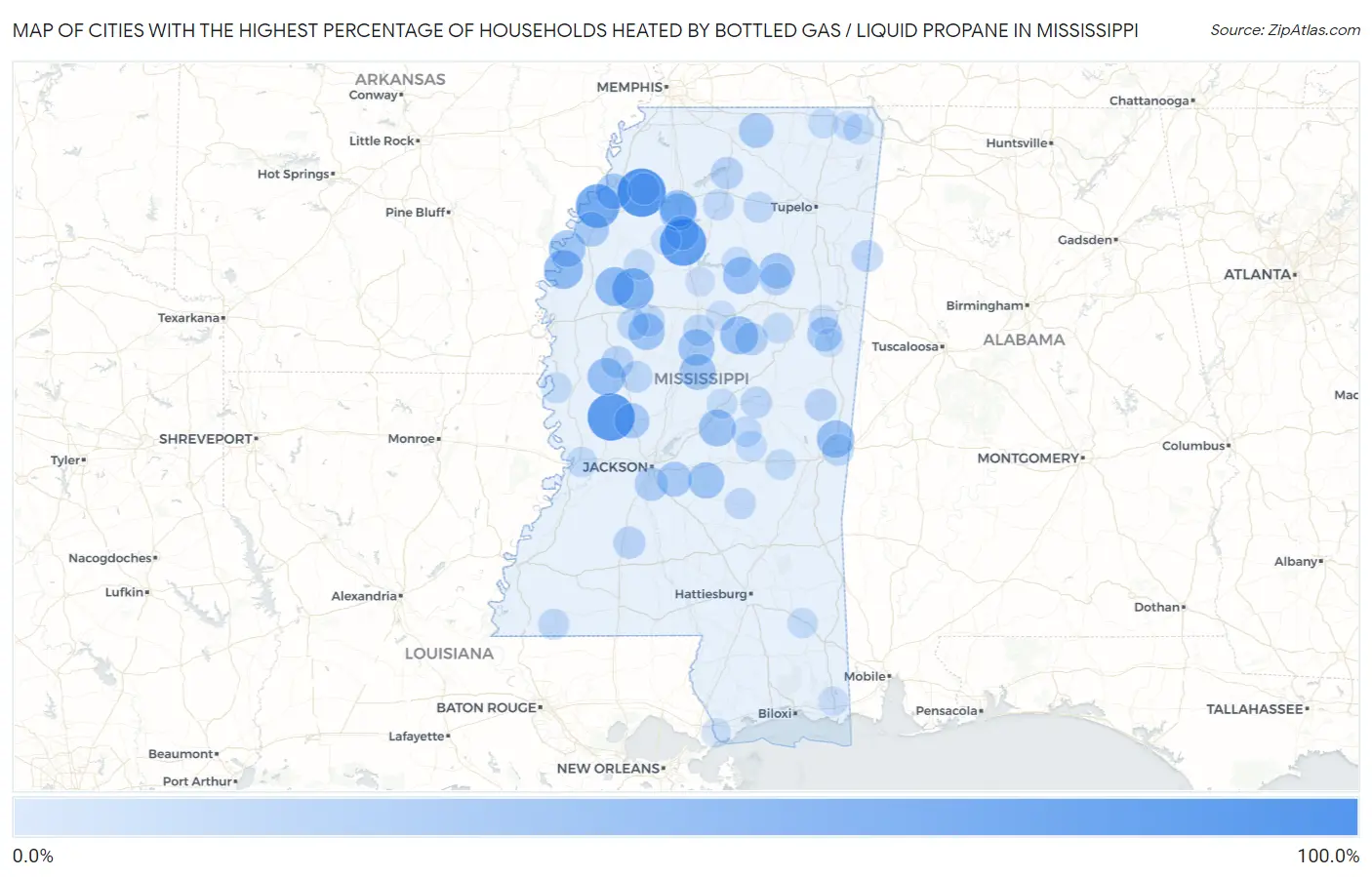 Cities with the Highest Percentage of Households Heated by Bottled Gas / Liquid Propane in Mississippi Map