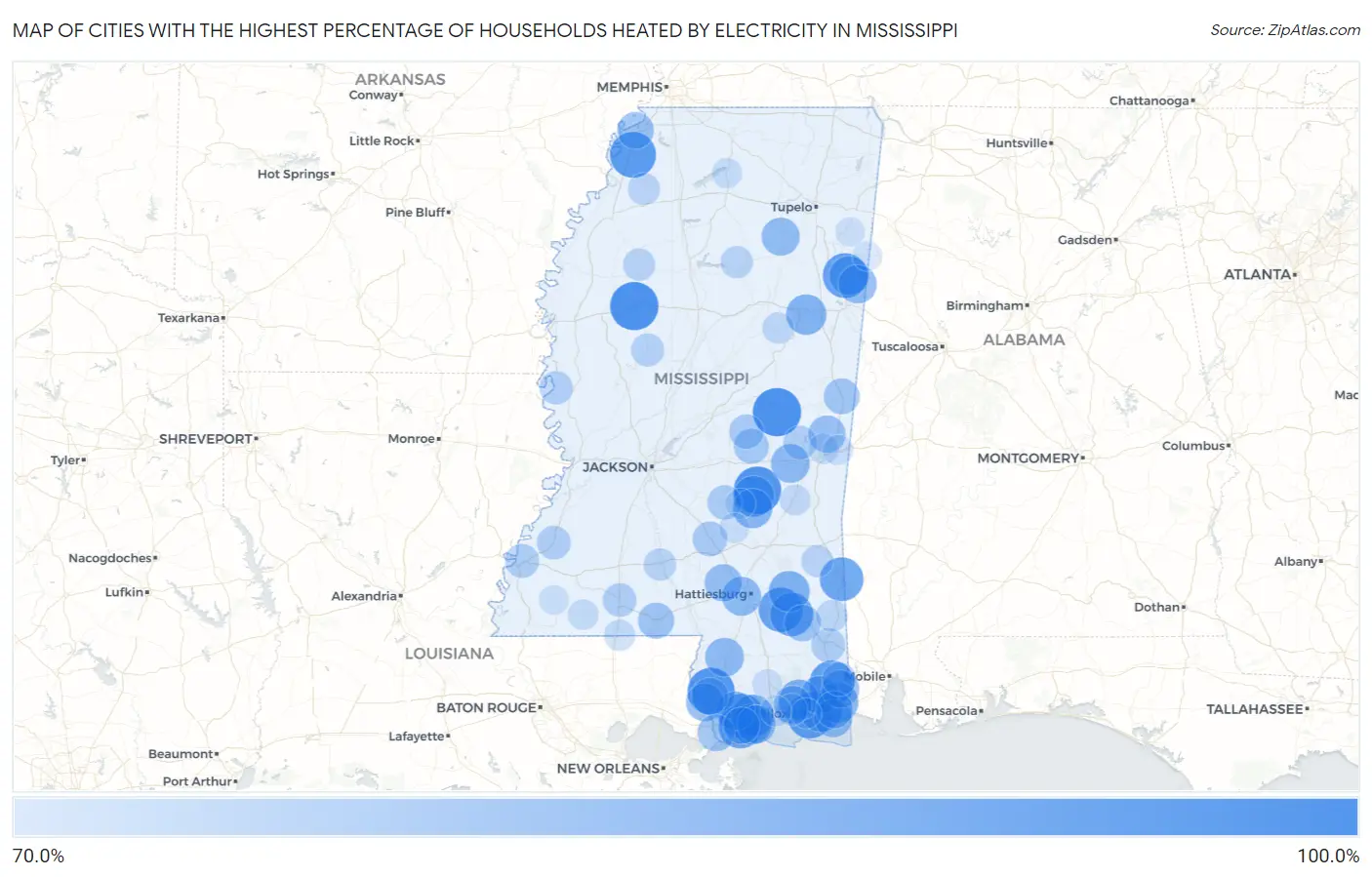 Cities with the Highest Percentage of Households Heated by Electricity in Mississippi Map