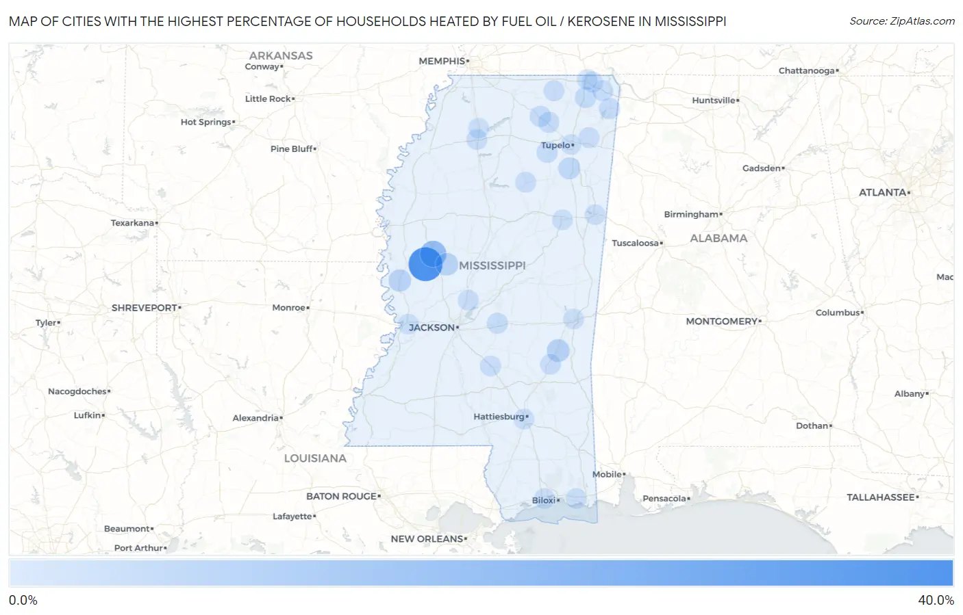 Cities with the Highest Percentage of Households Heated by Fuel Oil / Kerosene in Mississippi Map