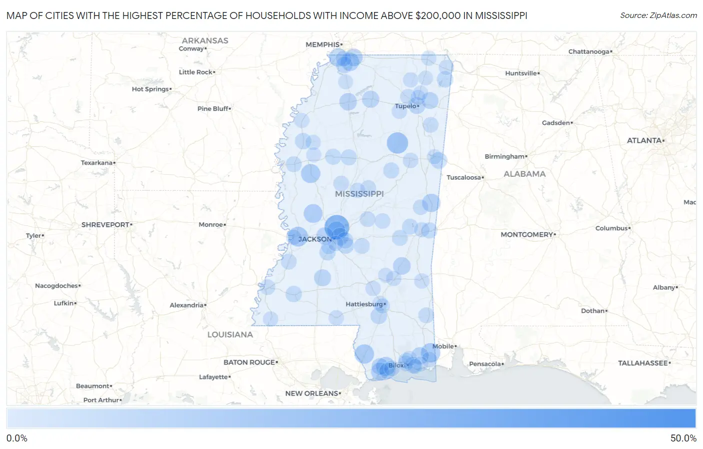 Cities with the Highest Percentage of Households with Income Above $200,000 in Mississippi Map