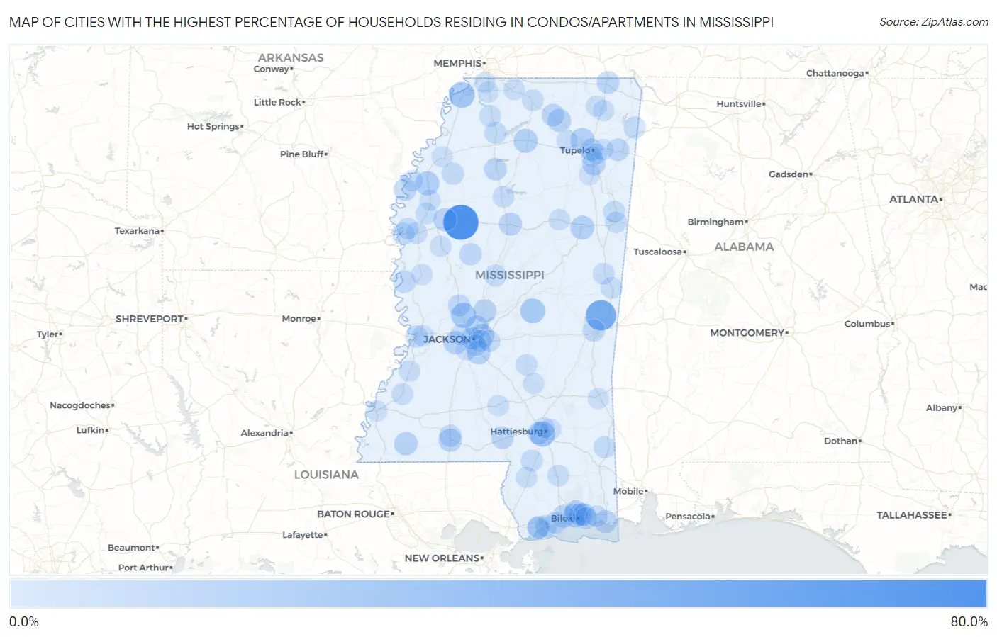Cities with the Highest Percentage of Households Residing in Condos/Apartments in Mississippi Map