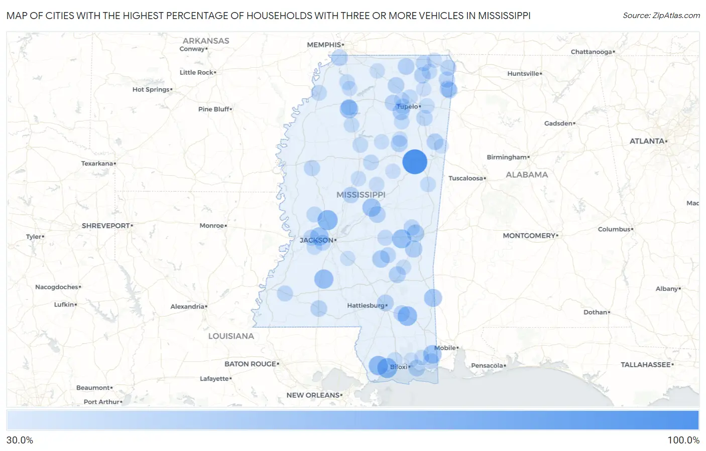 Cities with the Highest Percentage of Households With Three or more Vehicles in Mississippi Map