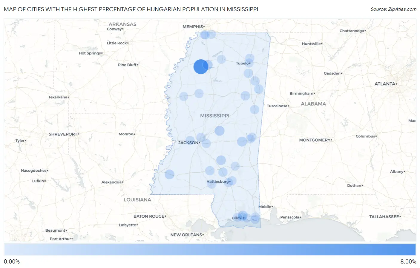 Cities with the Highest Percentage of Hungarian Population in Mississippi Map
