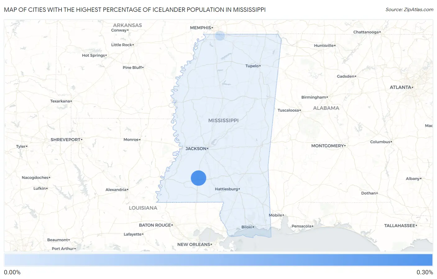 Cities with the Highest Percentage of Icelander Population in Mississippi Map