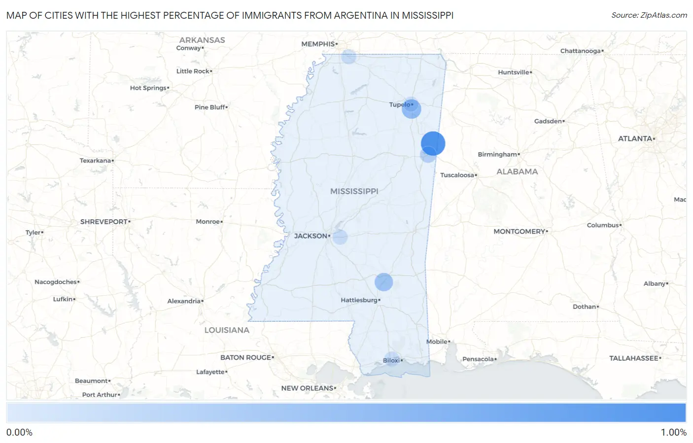 Cities with the Highest Percentage of Immigrants from Argentina in Mississippi Map