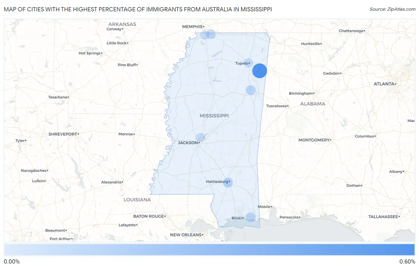 Cities with the Highest Percentage of Immigrants from Australia in Mississippi Map