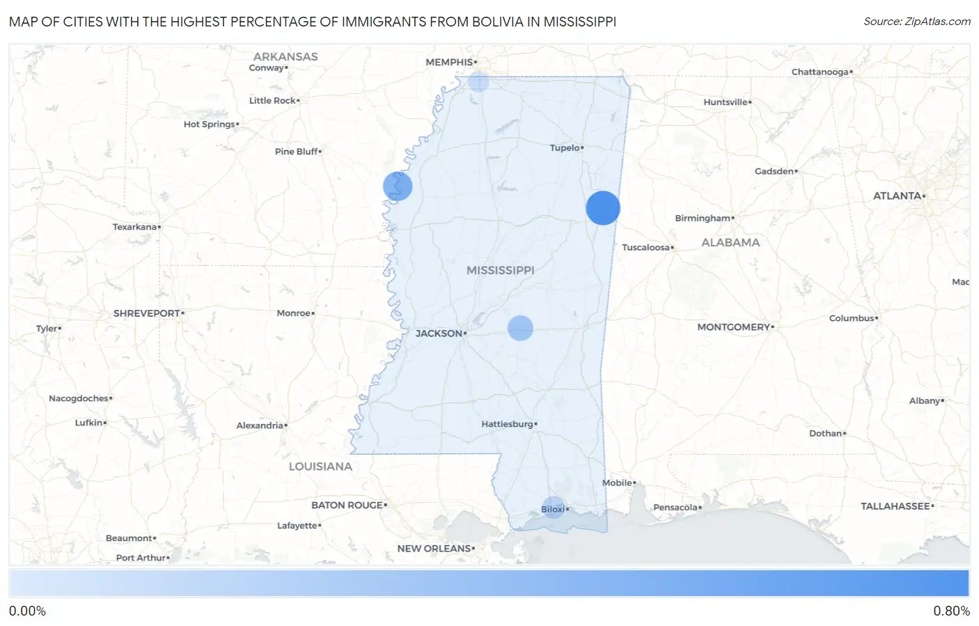 Cities with the Highest Percentage of Immigrants from Bolivia in Mississippi Map