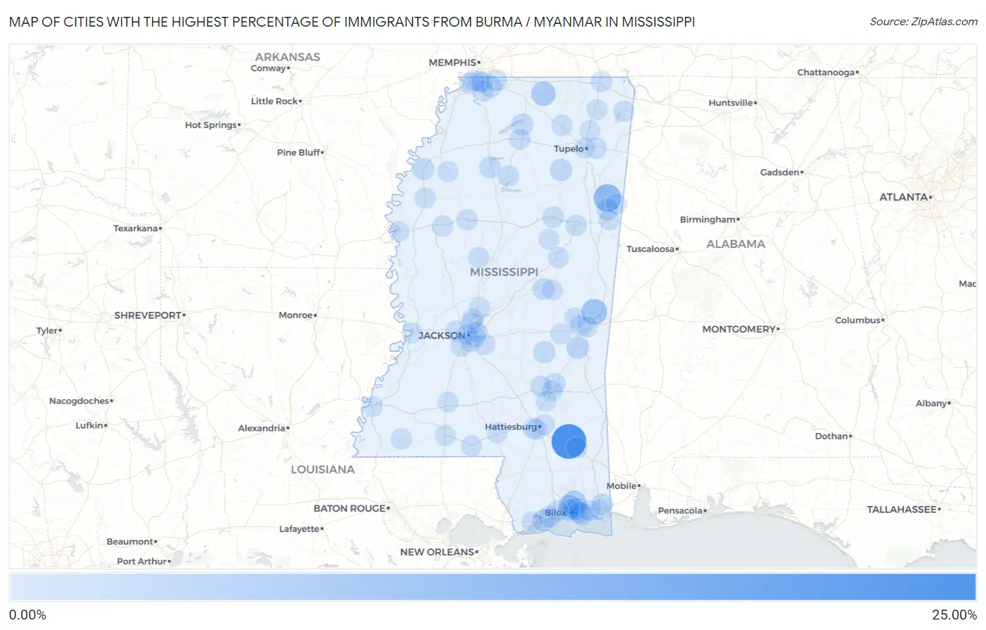 Cities with the Highest Percentage of Immigrants from Burma / Myanmar in Mississippi Map