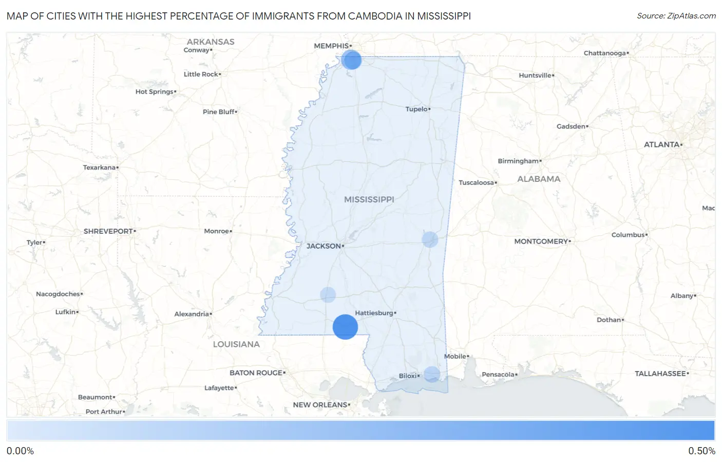 Cities with the Highest Percentage of Immigrants from Cambodia in Mississippi Map